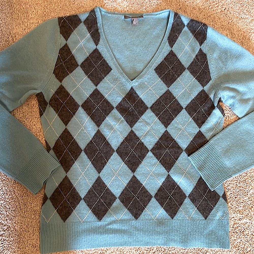 APT 9 turquoise/grey 100% cashmere v-neck sweater size large